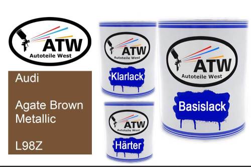 Audi, Agate Brown Metallic, L98Z: 1L Lackdose + 1L Klarlack + 500ml Härter - Set, von ATW Autoteile West.